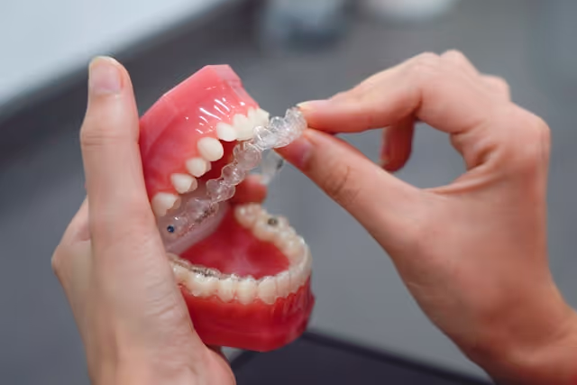 Hands holding a dental model and placing a clear orthodontic aligner on the upper teeth.