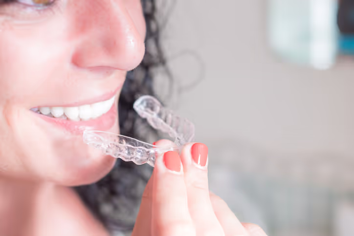 Close-up of a smiling woman holding a clear dental aligner near her mouth.