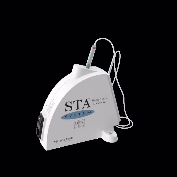 STA System device for Single Tooth Anesthesia with a connected needle and tubing on a black background.