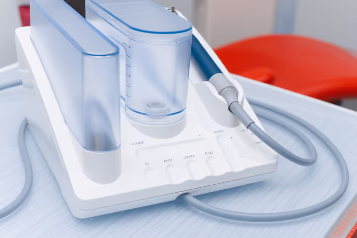 Close-up of a white ultrasonic dental scaler with water reservoirs and a handpiece on a light blue tray in a dental clinic.