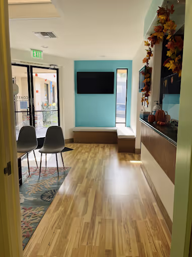 Interior of a waiting room with wooden floor, two grey chairs, a turquoise accent wall with a mounted TV, and autumn-themed decorations with pumpkins on the right counter.