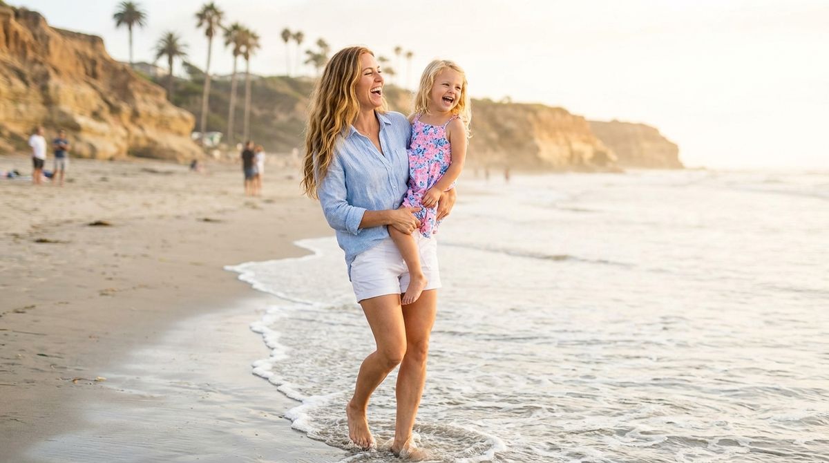 Smiling San Diego mom carrying her laughing young daughter along the shoreline at a Del Mar beach at golden hour.