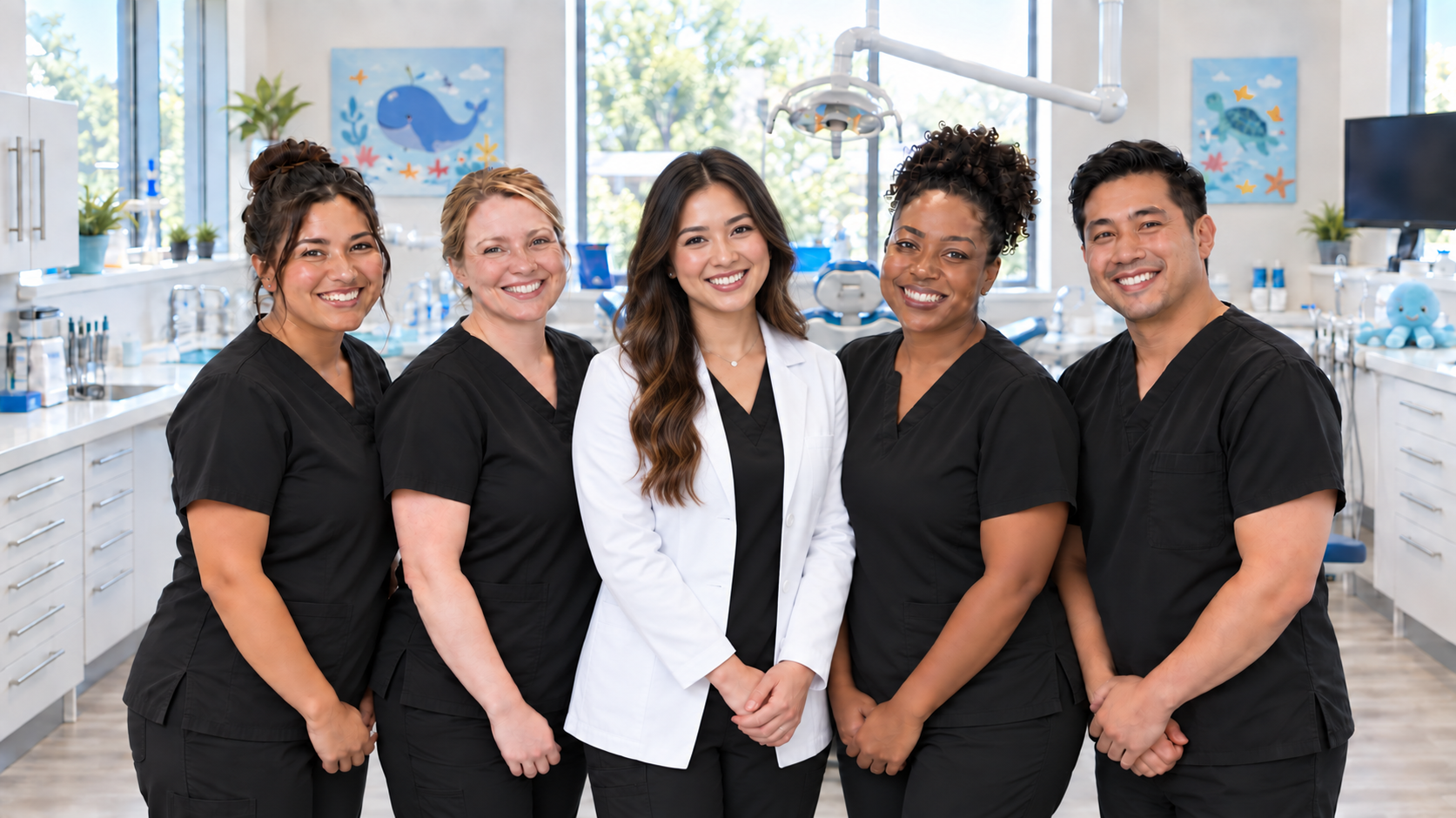 A pediatric dentist centered among four smiling Coastal Kids clinical specialists.