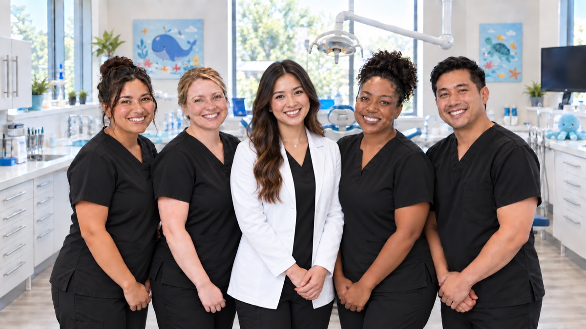A pediatric dentist centered among four smiling Coastal Kids clinical specialists.