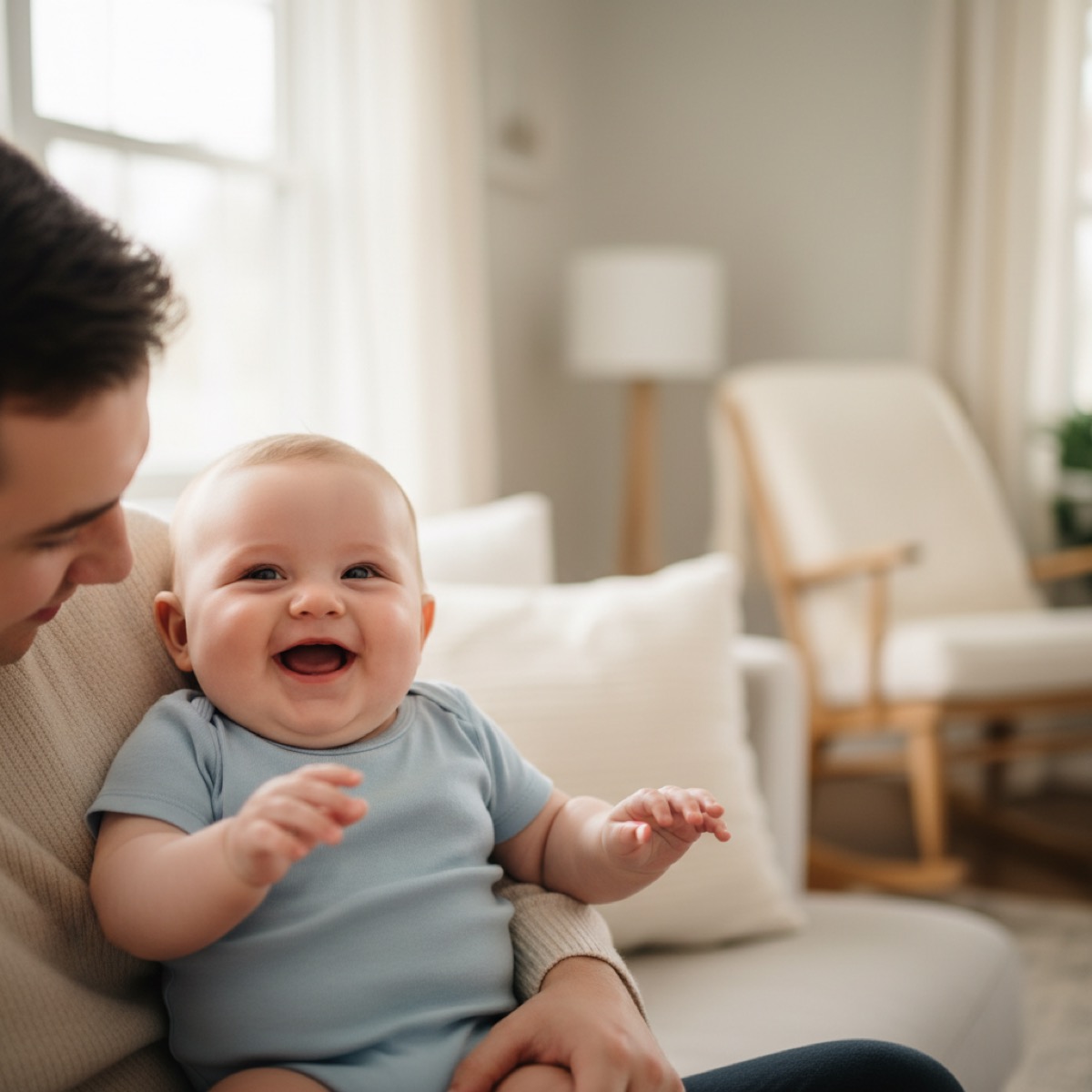 A smiling, healthy baby being gently cradled by a parent in a warm, sunlit home setting.