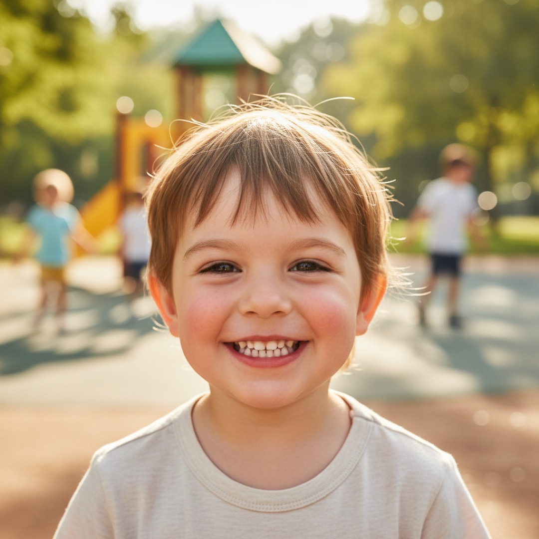 Happy smiling child with healthy teeth at a playground.