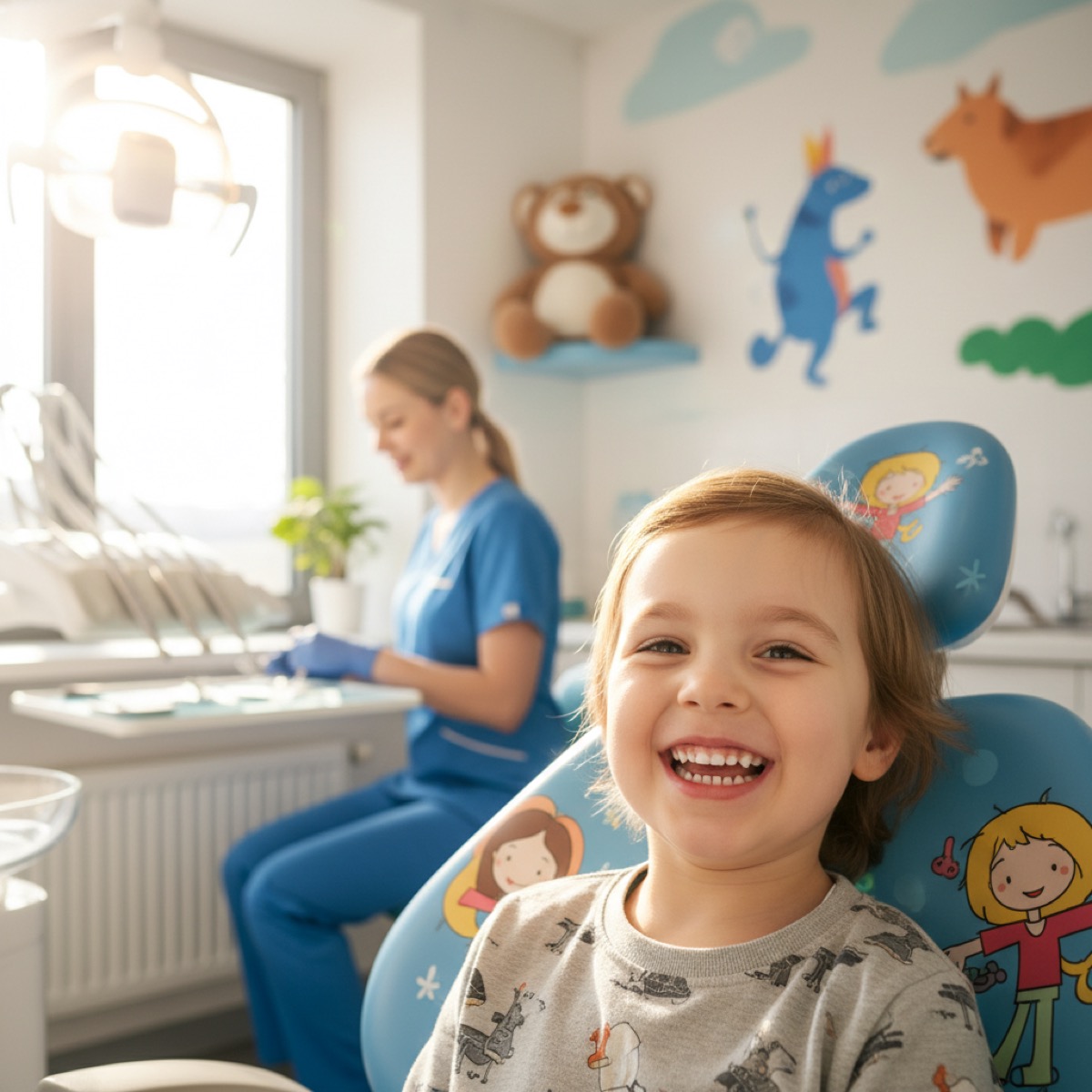 A smiling young child with healthy teeth at a bright pediatric dental visit.