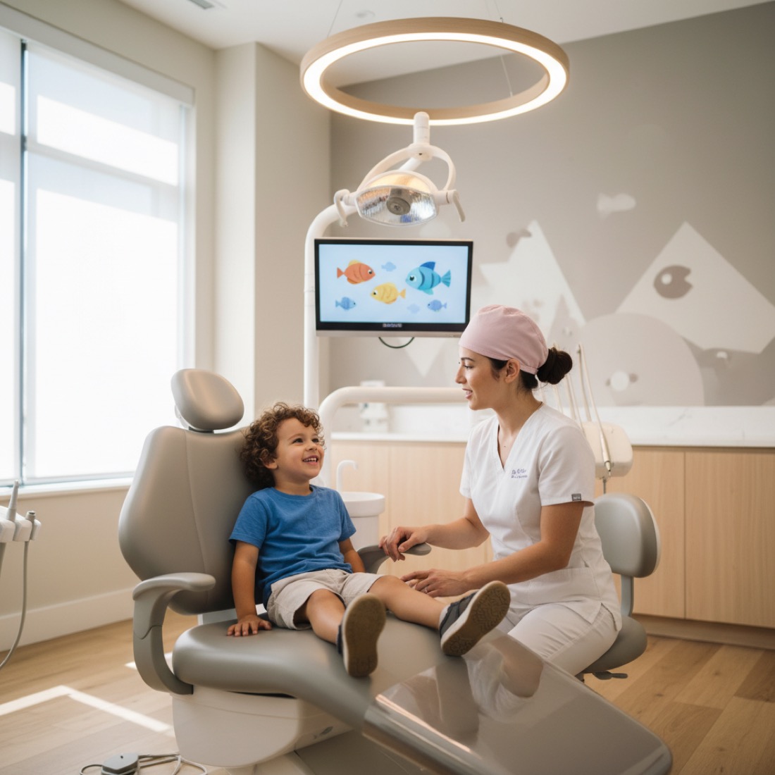 A smiling young child sitting in a pediatric dental chair, talking with a friendly dentist in a bright, modern clinic.
